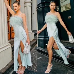 Miss Circle mint pastel green feather satin silk slip side slit midi dress