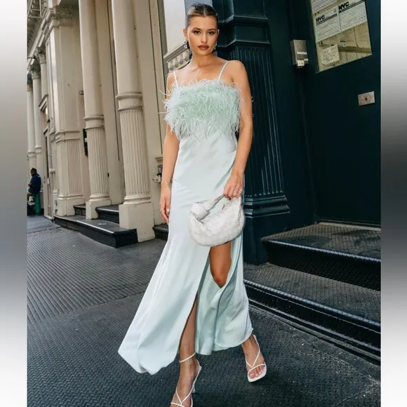 Miss Circle mint pastel green feather satin silk slip side slit midi dress