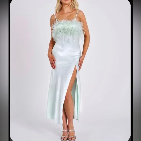 Miss Circle mint pastel green feather satin silk slip side slit midi dress