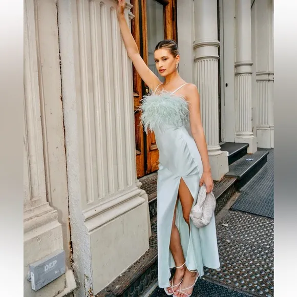 Miss Circle mint pastel green feather satin silk slip side slit midi dress