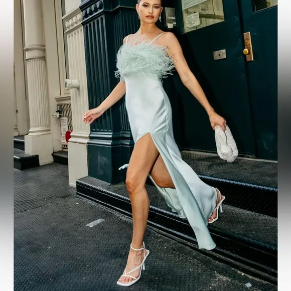 Miss Circle mint pastel green feather satin silk slip side slit midi dress
