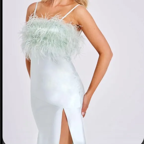 Miss Circle mint pastel green feather satin silk slip side slit midi dress