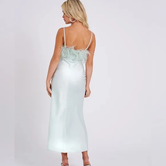 Miss Circle mint pastel green feather satin silk slip side slit midi dress