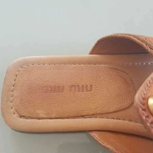 Miu Miu Leather Sandals with Brass Studs and Turquoise Colored Stones