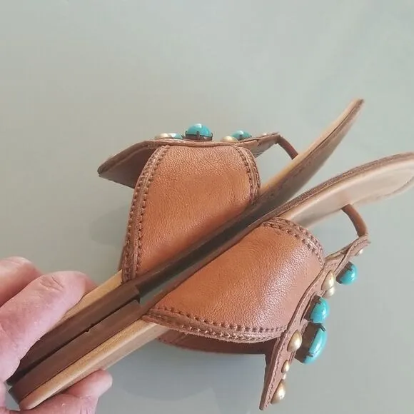 Miu Miu Leather Sandals with Brass Studs and Turquoise Colored Stones