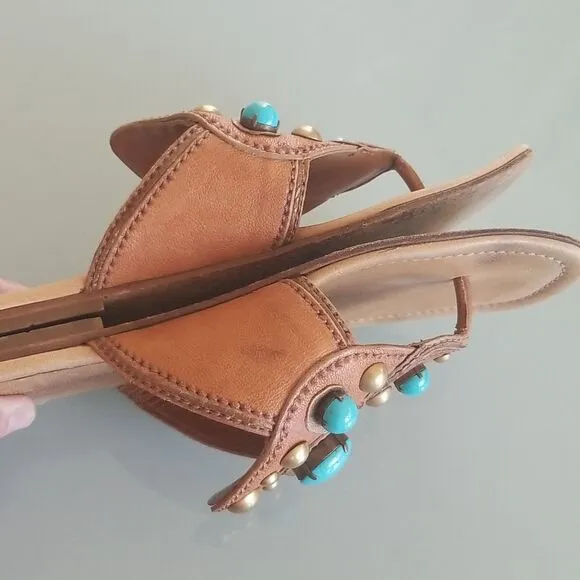 Miu Miu Leather Sandals with Brass Studs and Turquoise Colored Stones