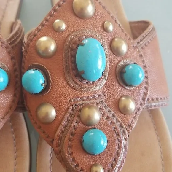 Miu Miu Leather Sandals with Brass Studs and Turquoise Colored Stones