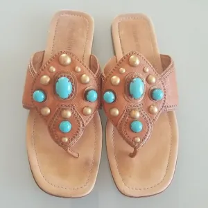 Miu Miu Leather Sandals with Brass Studs and Turquoise Colored Stones
