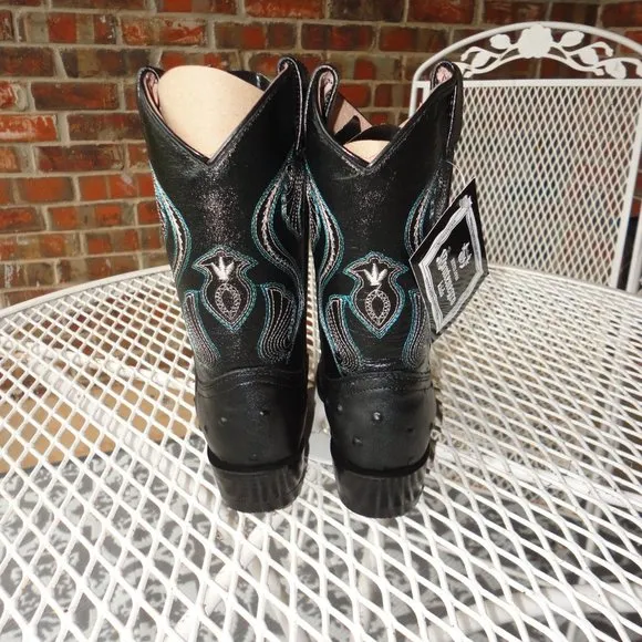 MONTENEGRO Kids Black Leather Ostrich Print Western Boots Size 9.5 NWT!!