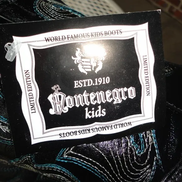 MONTENEGRO Kids Black Leather Ostrich Print Western Boots Size 9.5 NWT!!