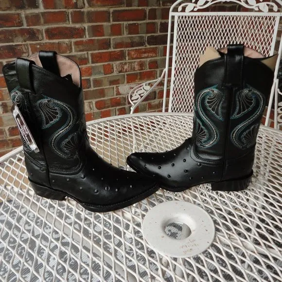 MONTENEGRO Kids Black Leather Ostrich Print Western Boots Size 9.5 NWT!!