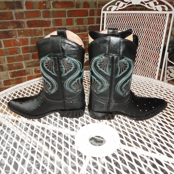 MONTENEGRO Kids Black Leather Ostrich Print Western Boots Size 9.5 NWT!!