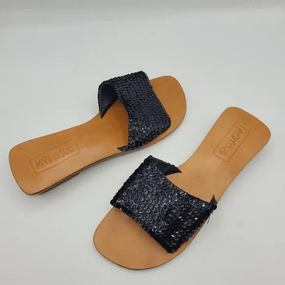 Mystique Black Sequined Leather Slides Sandals Block Heels Size 9