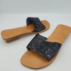 Mystique Black Sequined Leather Slides Sandals Block Heels Size 9