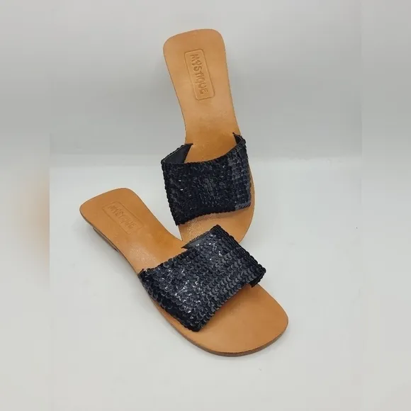 Mystique Black Sequined Leather Slides Sandals Block Heels Size 9
