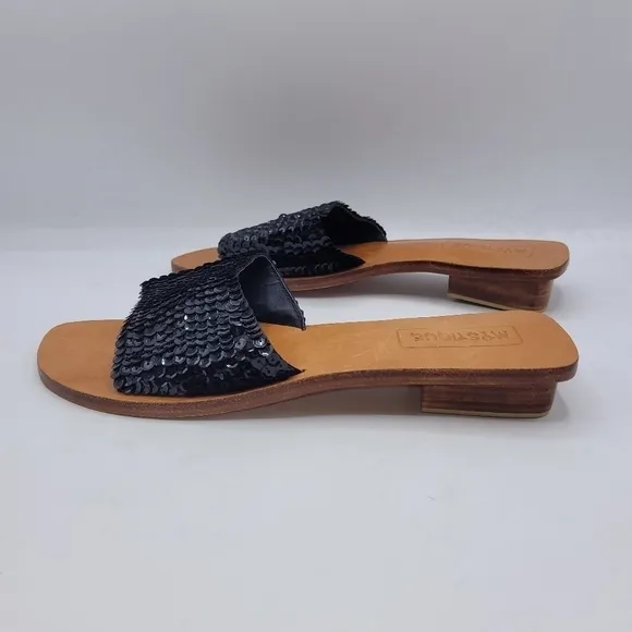 Mystique Black Sequined Leather Slides Sandals Block Heels Size 9