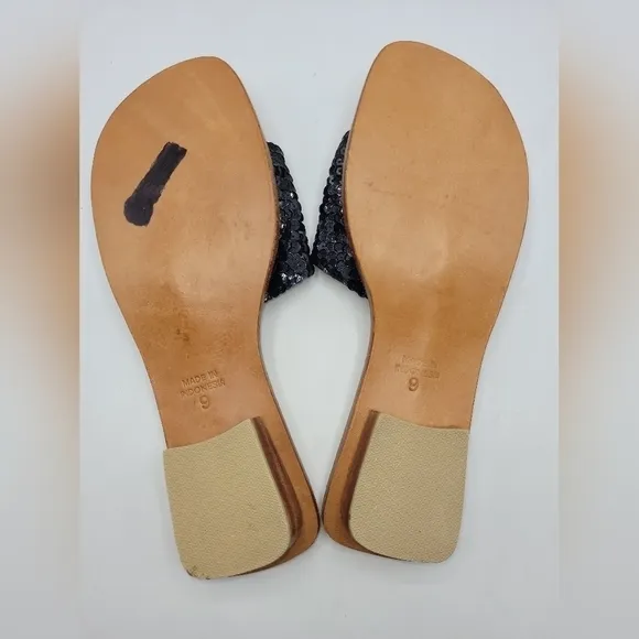 Mystique Black Sequined Leather Slides Sandals Block Heels Size 9