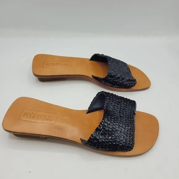 Mystique Black Sequined Leather Slides Sandals Block Heels Size 9