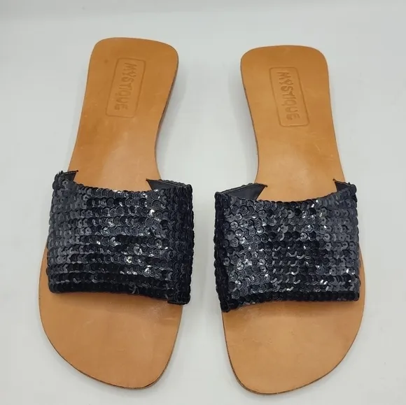 Mystique Black Sequined Leather Slides Sandals Block Heels Size 9