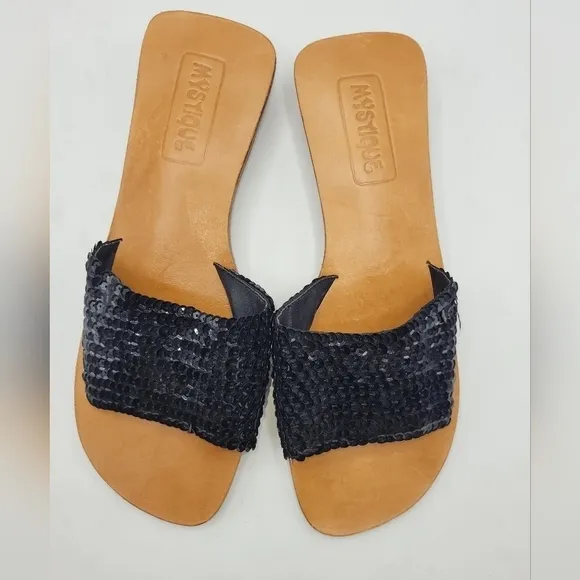 Mystique Black Sequined Leather Slides Sandals Block Heels Size 9