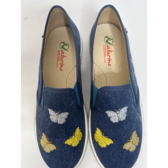 Naturino Denim Butterfly Embroidered Espadrille Flat Loafers Sandals Sz …