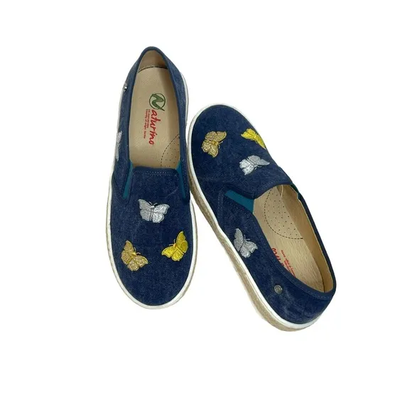 Naturino Denim Butterfly Embroidered Espadrille Flat Loafers Sandals Sz …