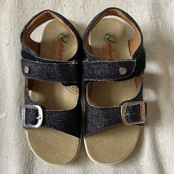 NATURINO NEW Sandals Stream Glitter Flats Black Buckle Strap Shoes Summer Beach