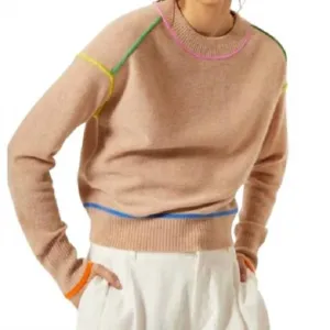 NEW AUTUMN CASHMERE crew with multi color seams top in cappuccino brights
