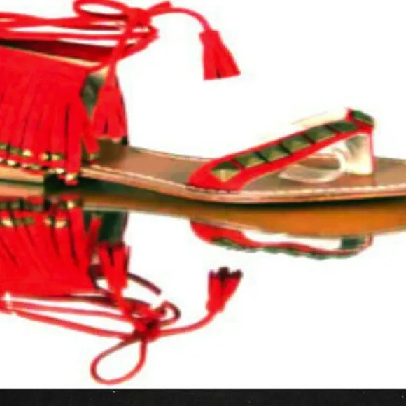 NEW Candela BOHO  hippie Red SUEDE Studded  FRINGE  Flat sandal 6