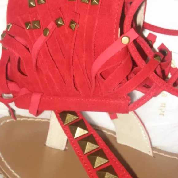 NEW Candela BOHO  hippie Red SUEDE Studded  FRINGE  Flat sandal 6