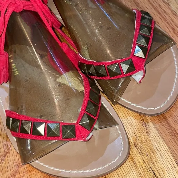 NEW Candela BOHO  hippie Red SUEDE Studded  FRINGE  Flat sandal 6