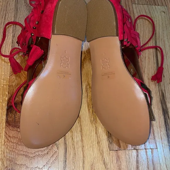 NEW Candela BOHO  hippie Red SUEDE Studded  FRINGE  Flat sandal 6