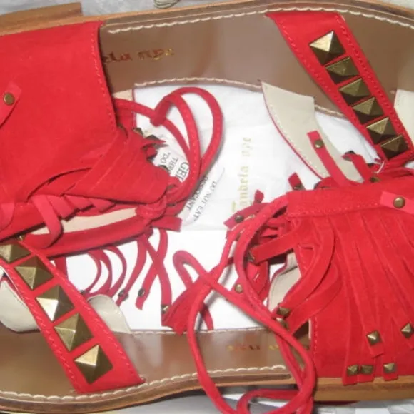NEW Candela BOHO  hippie Red SUEDE Studded  FRINGE  Flat sandal 6