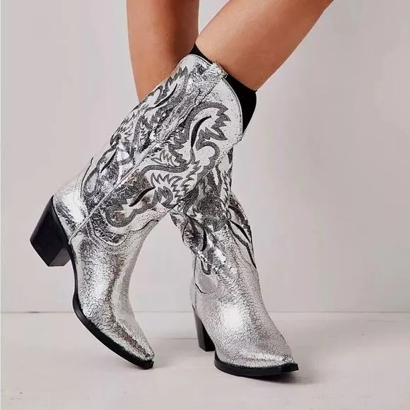New Free People Dagget Western Boots Size 10 Silver Metallic Cowboy