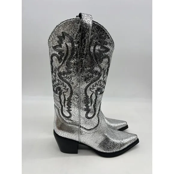 New Free People Dagget Western Boots Size 10 Silver Metallic Cowboy