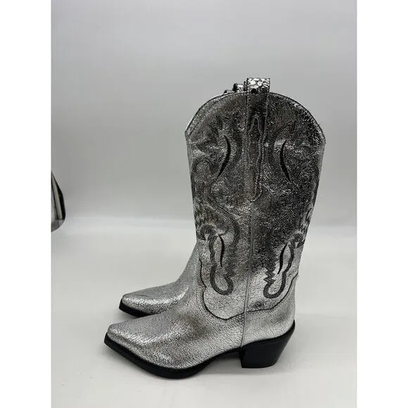 New Free People Dagget Western Boots Size 10 Silver Metallic Cowboy