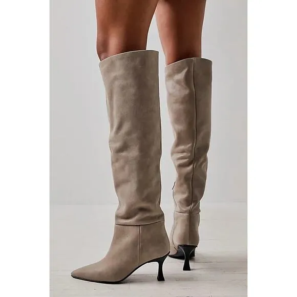 NEW-Free People Rocky Slouch Pointed Toe Leather Boots Nickel Size 7.5 RET$298