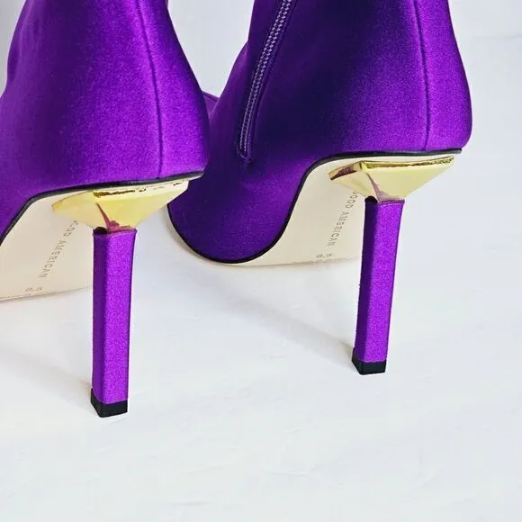 New! Good American Pointed Ankle Sock Shine Neoprene Purple Stiletto Boots