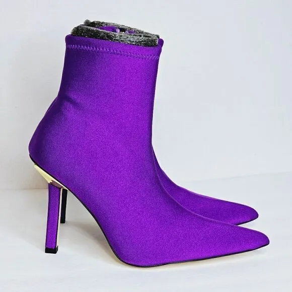 New! Good American Pointed Ankle Sock Shine Neoprene Purple Stiletto Boots