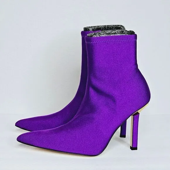 New! Good American Pointed Ankle Sock Shine Neoprene Purple Stiletto Boots