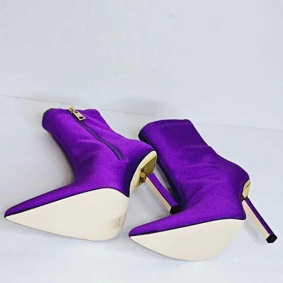 New! Good American Pointed Ankle Sock Shine Neoprene Purple Stiletto Boots