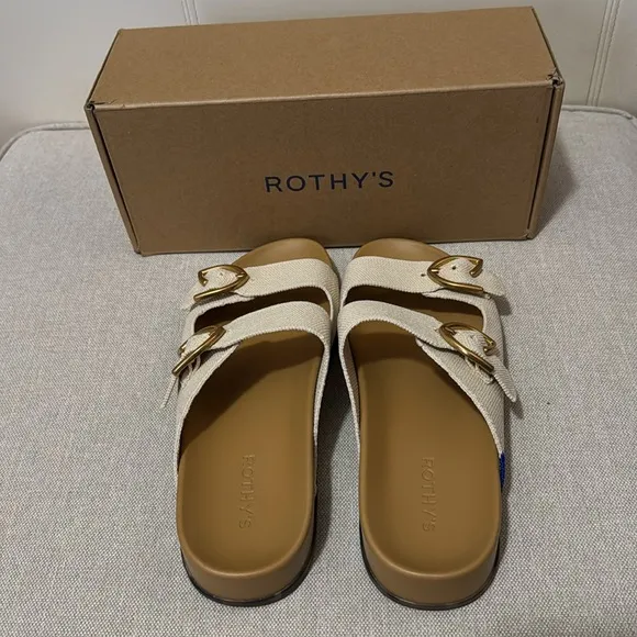 New in Box Rothy’s “The Buckle Slide” Sandal-Sz 8.5 TTS-Color:Sea Salt/Gold Tone