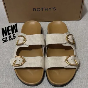 New in Box Rothy’s “The Buckle Slide” Sandal-Sz 8.5 TTS-Color:Sea Salt/Gold Tone