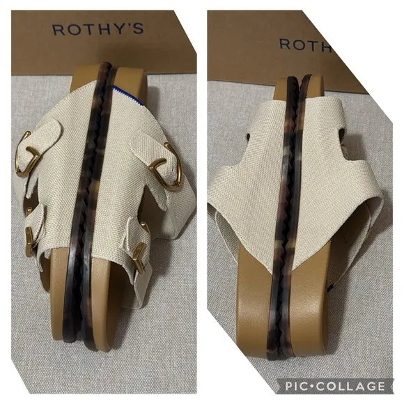 New in Box Rothy’s “The Buckle Slide” Sandal-Sz 8.5 TTS-Color:Sea Salt/Gold Tone