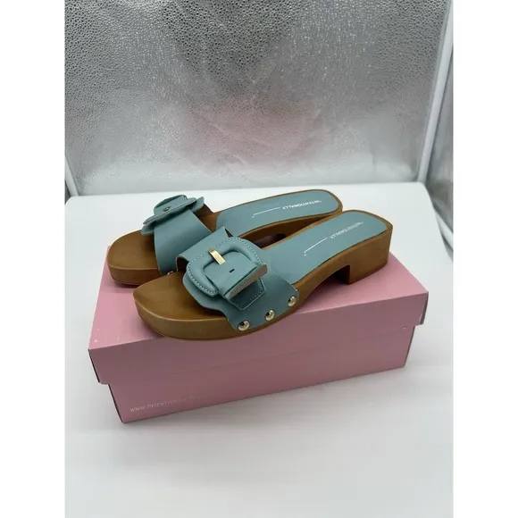 New Intentionally Blank Mar Leather Buckle Clog Sandals Aqua Blue EU 39 US 8.5-9