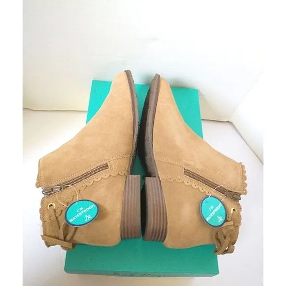 New! JACK ROGERS Charlotte Scalloped Suede Ankle Booties Boots Waterproof Oak
