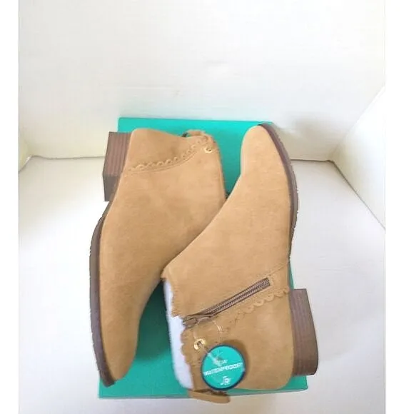 New! JACK ROGERS Charlotte Scalloped Suede Ankle Booties Boots Waterproof Oak