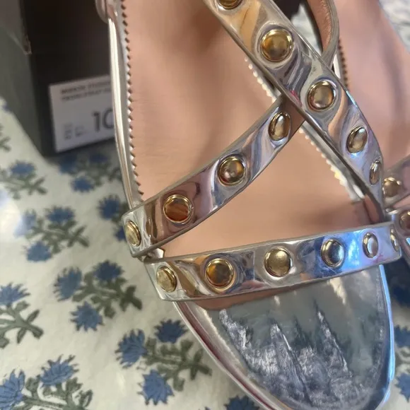 New J.Crew Silver Mirror &amp; Gold Studded Cross Strap Sandals Size 10