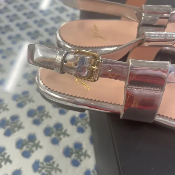 New J.Crew Silver Mirror &amp; Gold Studded Cross Strap Sandals Size 10