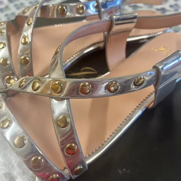 New J.Crew Silver Mirror &amp; Gold Studded Cross Strap Sandals Size 10